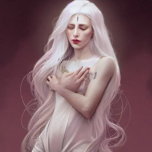 Image similar to ghost maiden, non-binary, white hair, long hair, gorgeous, amazing, elegant, intricate, highly detailed, digital painting, artstation, concept art, sharp focus, illustration, art by artgerm and greg rutkowski and alphonse mucha