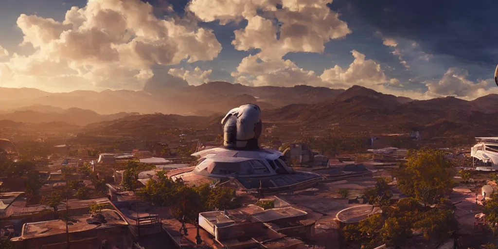 Image similar to tehotihuacan, with a giant space ship in the sky, unreal 5, hyperrealistic, realistic, photorealistic, dynamic lighting, highly detailed, cinematic landscape, studio landscape, studio lighting