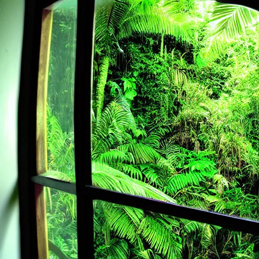 Image similar to A dslr picture with flash on of a window from in 2007, tropical rainforest outside