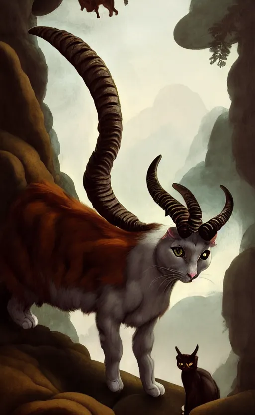 Prompt: a bipedal cat that has 2 goat horns, anthropomorphic cat that is wearing robes, matte oil painting, by michelangelo, d & d, fantasy, concept art, cosmic, magical, fog, noble, full body portrait, intricate, ornate, extremely detailed, cult, ritual, sharp focus, 4 k, 8 k