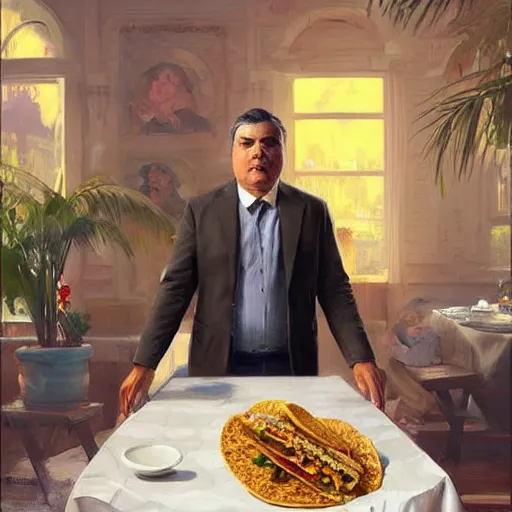 Prompt: epic masterpiece of cinematographic hyperrealism where ruben dario appears eating a mexican taco. realistic shaded lighting poster by craig mallismo, artgerm, jeremy lipkin and michael garmash, unreal engine, radiant light, detailed and intricate environment, digital art, art station trends