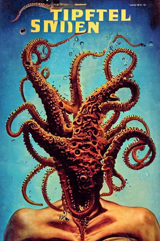 Image similar to photo of poor condition, torn, stained, vintage pulp scifi science fiction magazine cover showing upper body portrait of a monster with tentacles coming from its head, 4 k, high definition