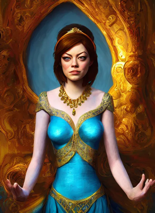 Image similar to portrait of emma stone as princess jasmine, hyper detailed, digital art, trending in artstation, cinematic lighting, studio quality, smooth render, unreal engine 5 rendered, octane rendered, art style by klimt and nixeu and ian sprigger and wlop and krenz cushart.