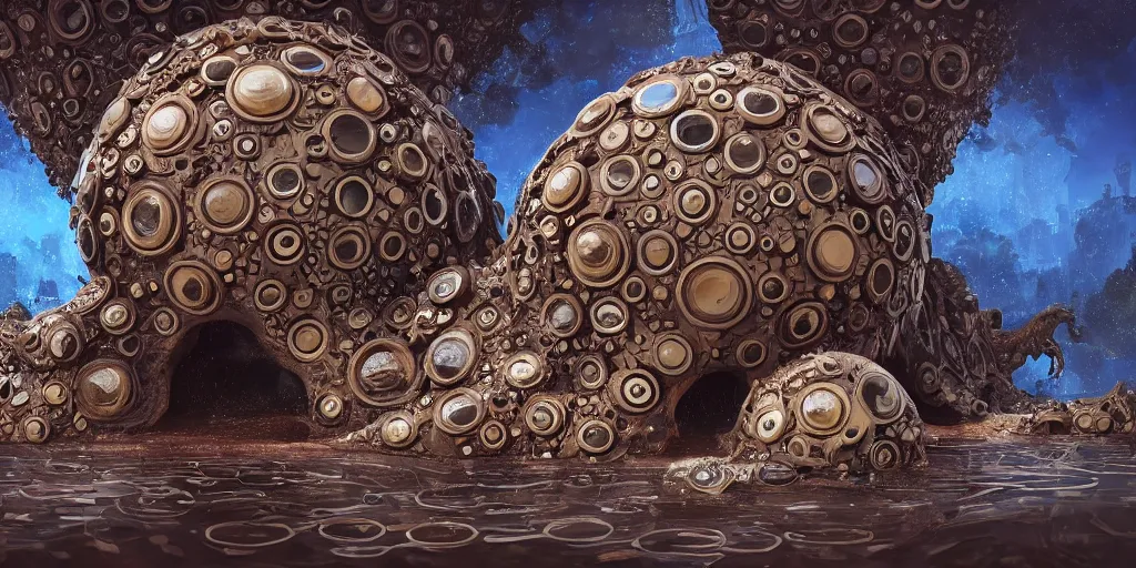 Image similar to of an intricate muddy water with strange cute friendly happy creatures with huge eyes, long tongue, round teeth and goofy funny face, appearing from the background, in the style of gehry and gaudi, macro lens, shallow depth of field, ultra detailed, digital painting, trending artstation, concept art, illustration, cinematic lighting, photorealism, epic, octane render