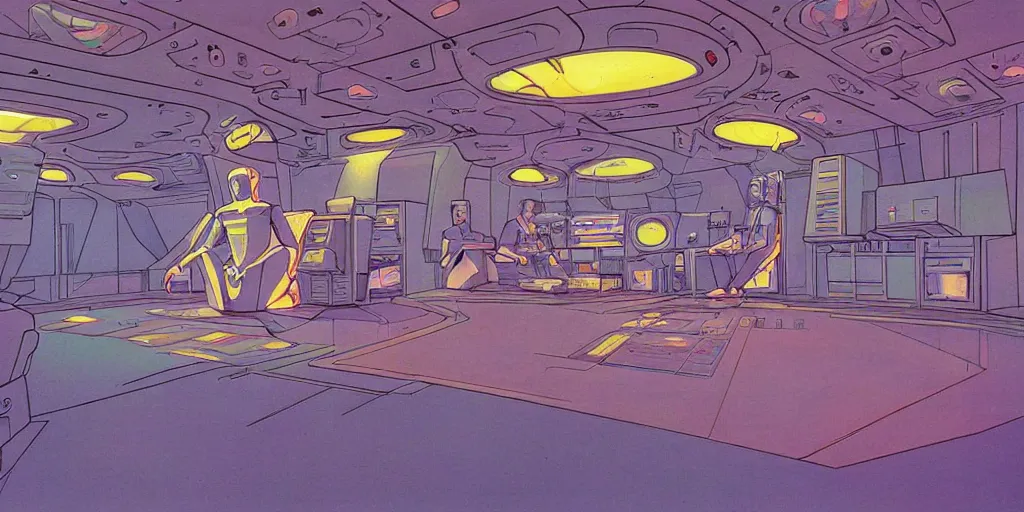 Prompt: a meditating robot in a space ship control room, holograms and displays, detailed art on walls, by moebius, 8 k, masterpiece of retro futurism, stunning composition