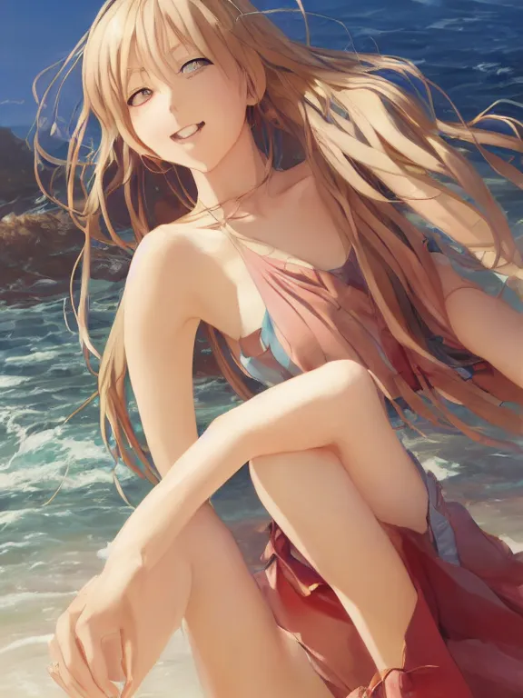 Prompt: A portrait of a smiling anime woman on the beach near the ocean, by Stanley Artgerm Lau, WLOP, Rossdraws, James Jean, Andrei Riabovitchev, Marc Simonetti, and Sakimi chan, anime portrait, official anime artwork