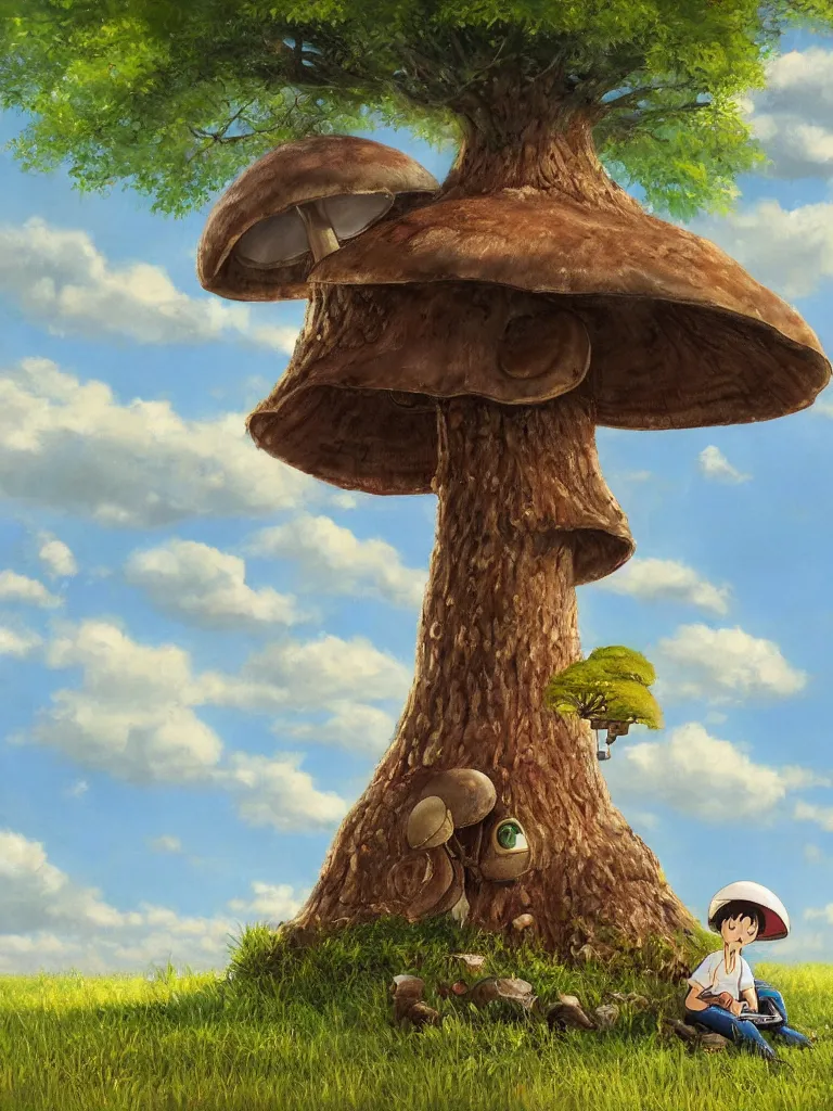 Image similar to hyper-realistic portrait painting of a rustic robot sitting under a tree, mushroom, in the style of Studio Ghibli, by Hayao Miyazaki, high quality, detailed, 8k, amazing, single robot