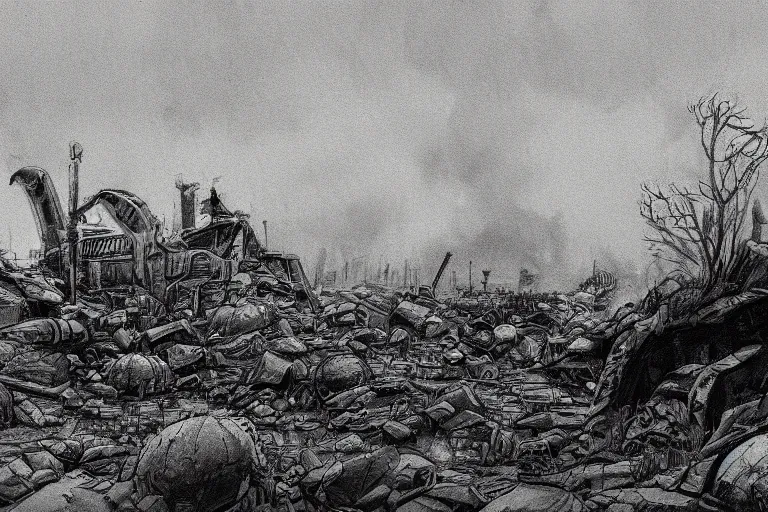 Image similar to dark black and white drawing of a wasteland scavenger