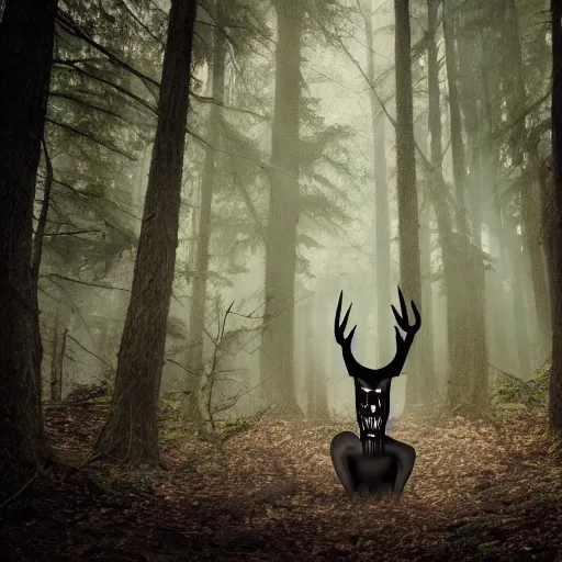 Image similar to Wendigo in an eerie forest, studio lighting, award winning