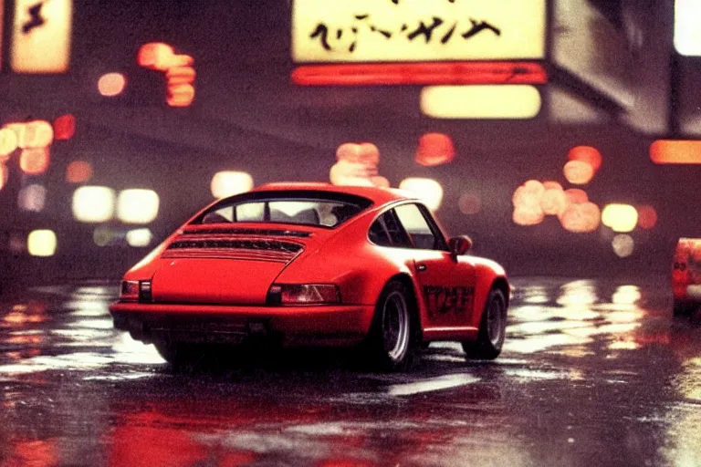 Image similar to a single 1 4 8 0 porsche 9 1 1, racing down tokyo highway in the rain, movie still from bladerunner