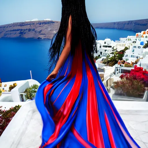 Prompt: cyberpunk girl wearing a red and blue swirling dress, standing on a Santorini terrace looking down into the ocean, trending on artstation, cinematic, photorealistic