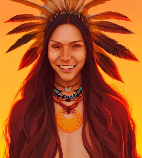 Image similar to in the style of artgerm and Andreas Rocha and Joshua Middleton, beautiful Native American young woman with long hair and red paint strip across eyes, smile on face, Symmetrical eyes symmetrical face, bead necklace, scenic prairie in background sunrise, natural lighting, warm colors