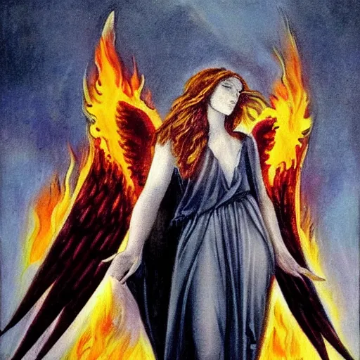 Prompt: angel with black burning wings, fire, apocalyptic