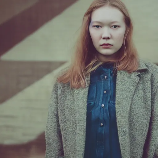 Image similar to a masterpiece portrait photo of a beautiful young woman who looks like julia jacklin, symmetrical face, random background scene