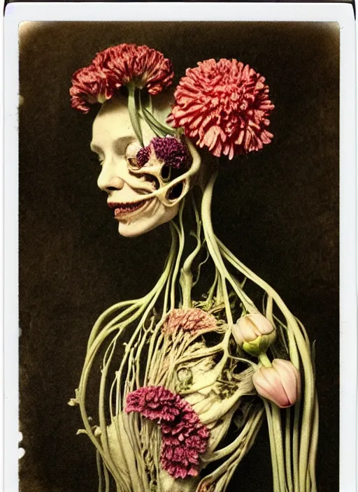 Prompt: beautiful and detailed rotten woman made of plants, carnation, chrysanthemum, tulips, muscles, intricate, organs, ornate, surreal, john constable, guy denning, gustave courbet, caravaggio, romero ressendi 1 9 1 0 polaroid photo