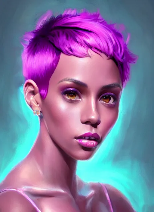 Image similar to portrait of vanessa morgan with bright pink hair, curly pixie cut hair, wearing a purple breton cap, breton cap, hoop earrings, intricate, elegant, glowing lights, highly detailed, digital painting, artstation, concept art, smooth, sharp focus, illustration, art by wlop, mars ravelo and greg rutkowski