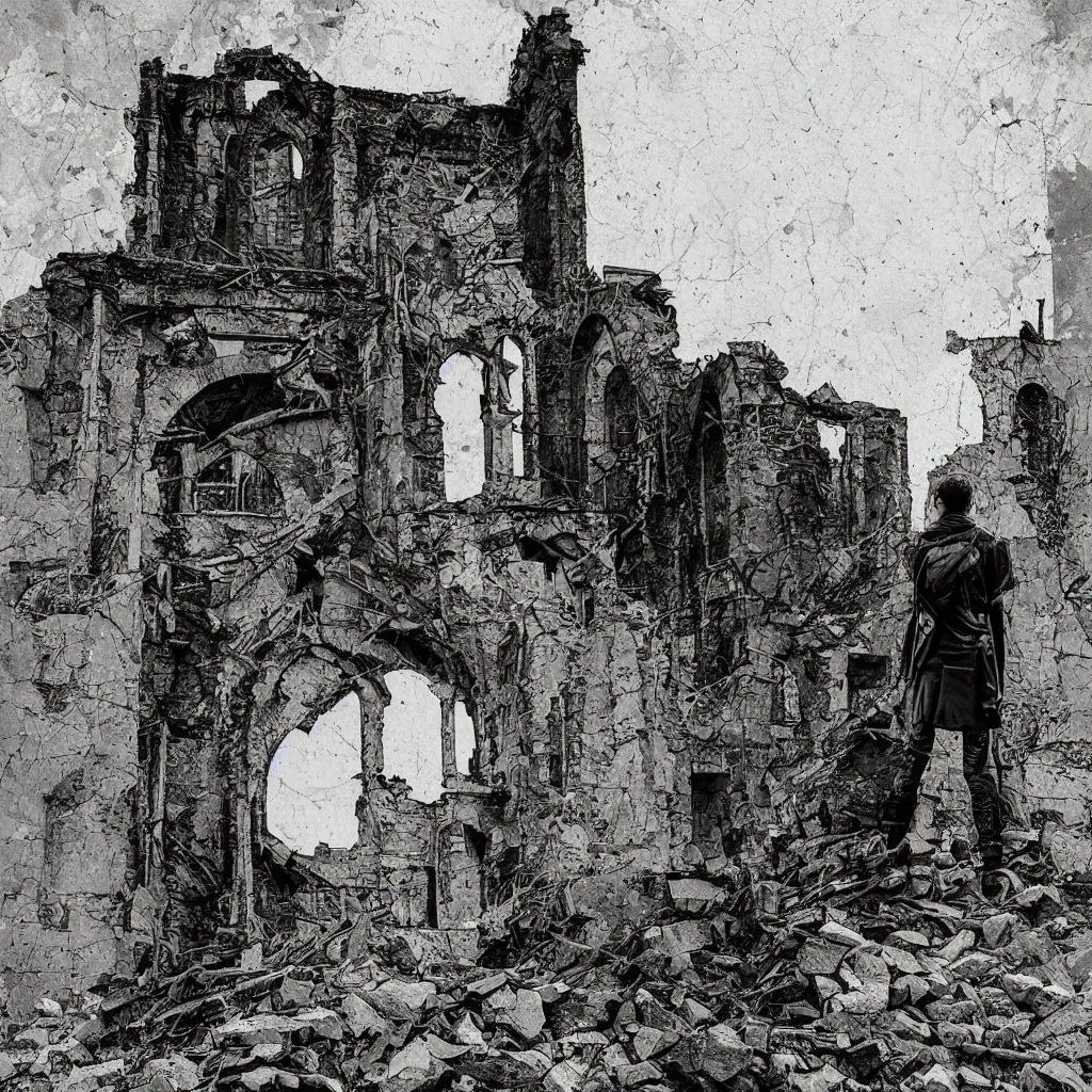 Image similar to lone soldier standing in front of a crumbling ruined church by bill sienkiewicz