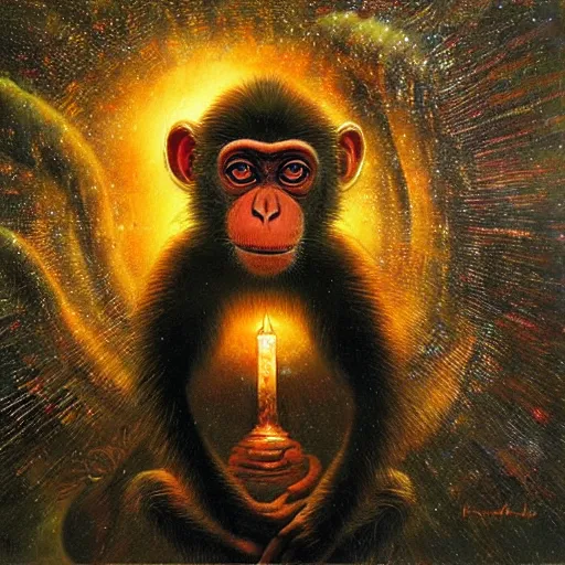 Image similar to A monkey at ozora festival by night, art by karol bak