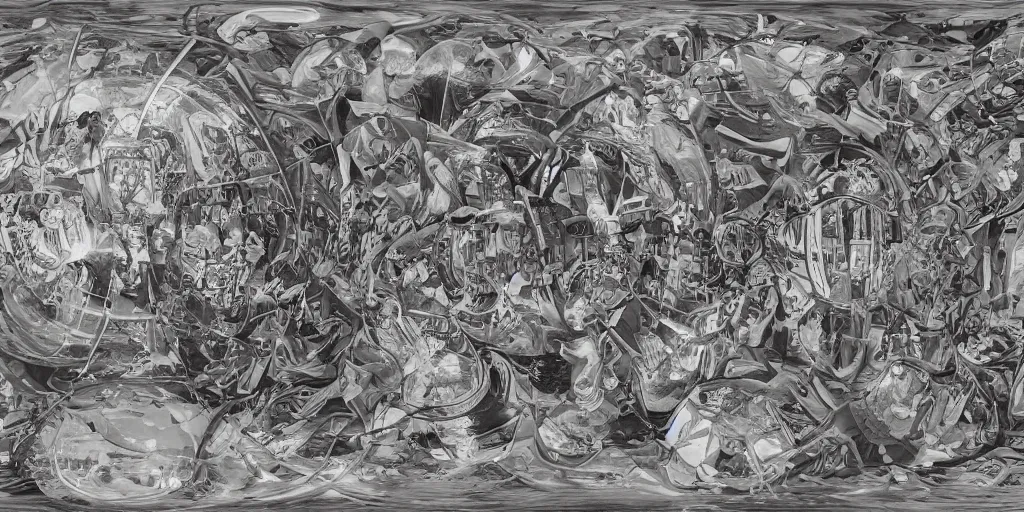 Image similar to gradient pattern of escher style 3 6 0 panorama with hieronymus bosch style bubble