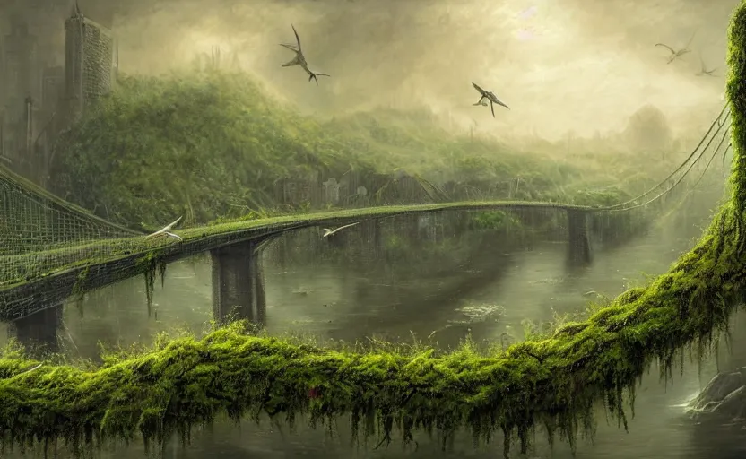 Image similar to an epic landscape view of vines and moss growing on the brooklyn bridge, moss, jungle, with pterosaurs flying, close - up, low angle, wide angle, atmospheric, volumetric lighting, cinematic, very realistic, sharp, highly detailed digital art, painted by tyler edlin