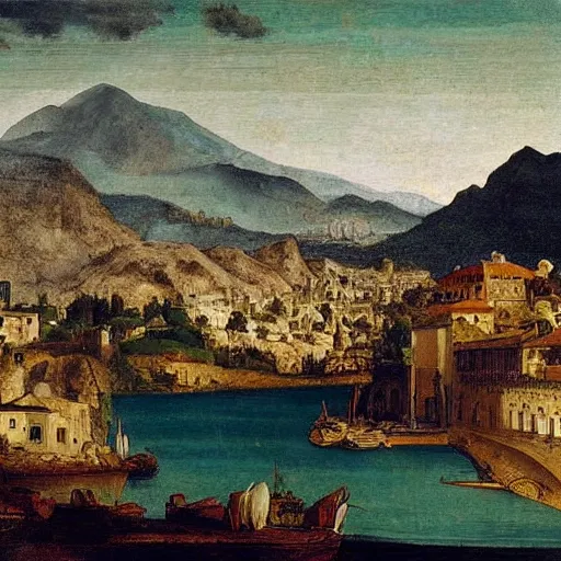 Image similar to oil painting of marbella city, beach in the foreground, mountains in the background, by leonardo da vinci