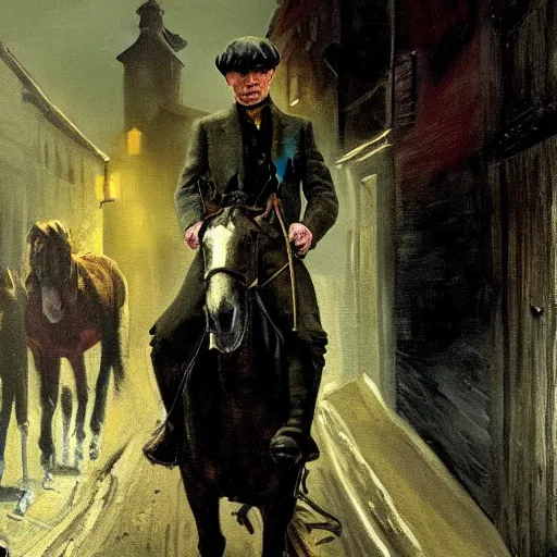 Image similar to painting of a man on a horse in an alleyway, Peaky Blinders (2018), painted by George Bellows