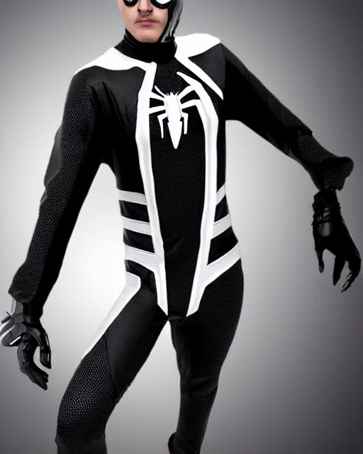 Prompt: black and white cyberpunk spiderman suit sleek suit