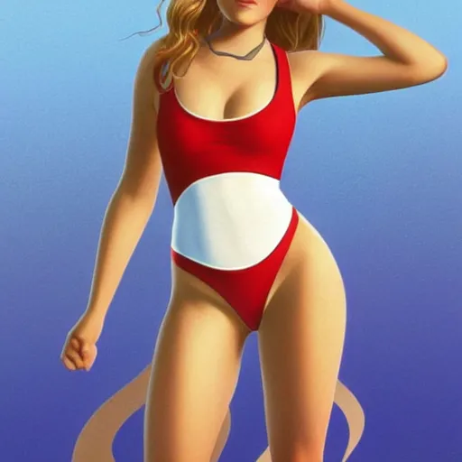 Image similar to of 9 0 s alicia silverstone wearing a red v - neck one - piece swimsuit symmetrical face concept art, octane render unreal engine meta humans, smooth, sharp focus, illustration, art by artgerm and greg rutkowski and alphonse mucha trending on artstation