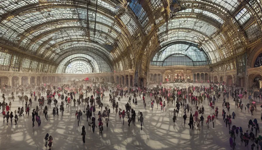 Prompt: victoria secret parade in the galeries nationales du grand palais in paris, light, shadows, reflections, flowers, epic composition, intricate, elegant, volumetric lighting, 4 k resolution, octane render, unreal engine, ultradetailed, photorealistic, ultrarealism, trending on artstationconcept art, ruan jia & steve mccurry & peter mohrbacher