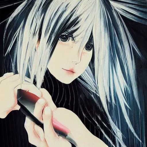 Image similar to “Oil portrait of an anime girl with white hair holding a knife in the style of Yoshitaka Amano, abstract black and white pattern on the background, 1990s vibe, expressive brush strokes, highly detailed, film grain noise effect, renaissance oil painting”