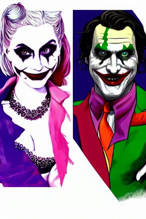 Prompt: joaquin phoenix as joker and lady gaga as harley quinn, remove duplicate content!!!!, violet polsangi pop art, gta chinatown wars art style, bioshock infinite art style, incrinate, realistic anatomy, hyperrealistic, two colors, white frame, content balance proportion
