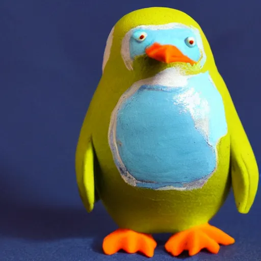 Image similar to a penguin, made of cyan colored clay, claymation