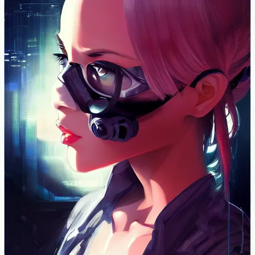 Image similar to A comic potrait of a cyberpunk cyborg girl with big and cute eyes, fine-face, realistic shaded perfect face, fine details. Night setting. Very anime style. Realistic shaded lighting poster by Ilya Kuvshinov katsuhiro, magali villeneuve, artgerm, Jeremy Lipkin and Michael Garmash, Rob Rey and Kentarõ Miura style, trending on art station