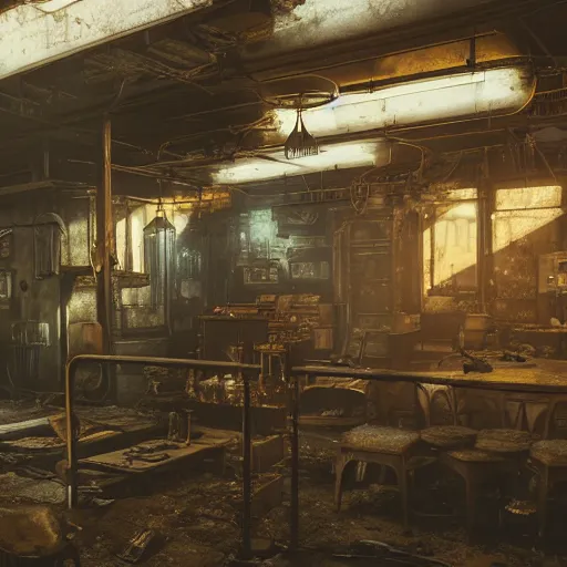 Image similar to fallout 5, indoors dilapidated shop interior, atmospheric lighting, painted, intricate, volumetric lighting, beautiful, daytime, sunny weather, slight overcast, golden hour, sharp focus, deep colours, ultra detailed, by leesha hannigan, ross tran, thierry doizon, kai carpenter, ignacio fernandez rios