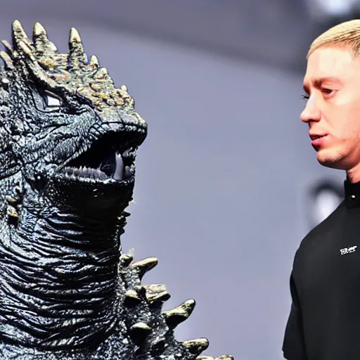 Image similar to Eminem shaking hands with Godzilla in Detroit, photograph