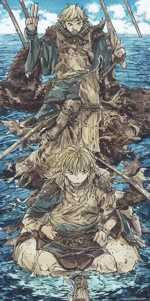 Image similar to a single lone king sitting on a throne floating on water in the middle of a lake drawn by Makoto Yukimura in the style of Vinland saga anime, full color, detailed,
