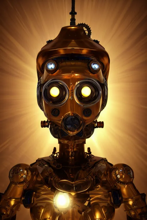 Image similar to steampunk mask minimalist fantasy art robot ninja helmet, global illumination ray tracing hdr fanart arstation by sung choi and eric pfeiffer and gabriel garza and casper konefal radiating a glowing aura