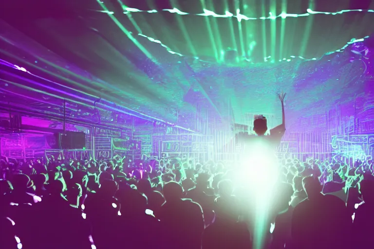 Image similar to beautiful digital art of a dj on stage spinning records with headphones looking over crowd dancing at a club by mobius, silhouette, volumetric lighting, haze, moving heads light beams, spot lights, disco ball, trending on artstation, 4k, unreal engine, intricate, ornate