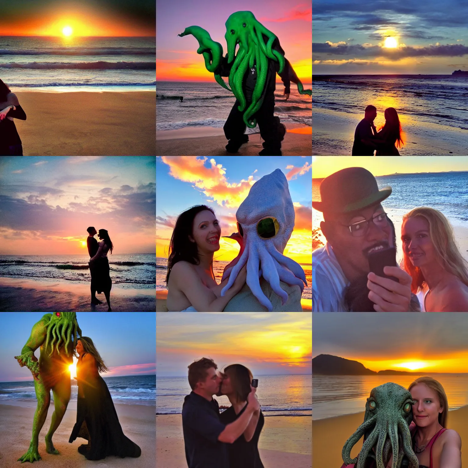 Image similar to Cthulhu photobombing a romantic selfie on a beach at sunset