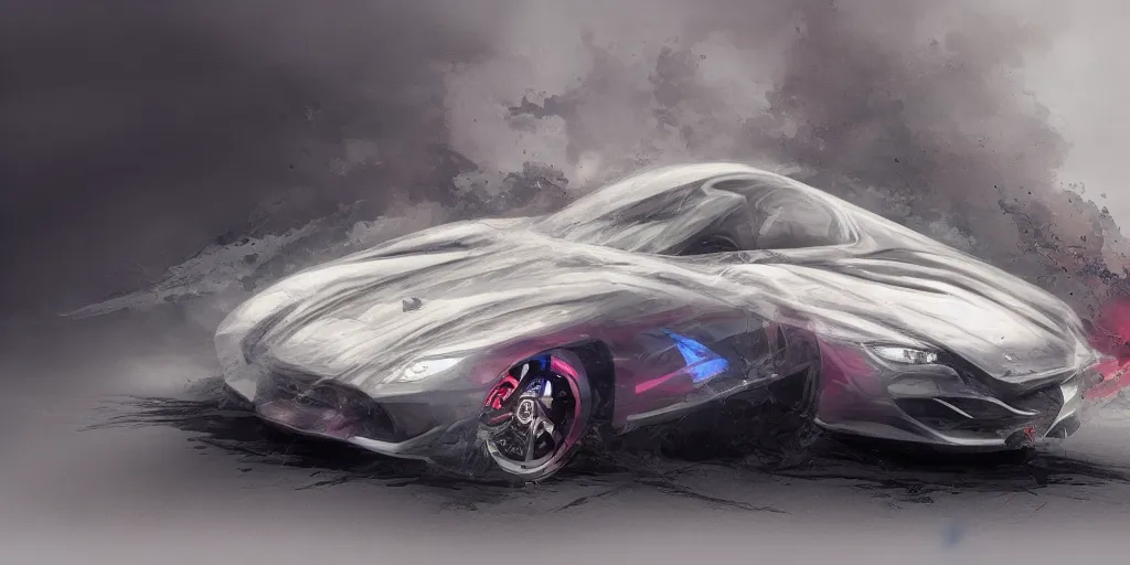 Image similar to full view of a sport car, surrounded in a detailed smoke, wet street, painted in dark color holographic pearlescent, elegant, digital painting, concept art, smooth, sharp focus, art style from Wang Ke and Greg Rutkowski and Bruce Kaiser and Scott Robertson and Dmitry Mazurkevich and Doruk Erdem and Jon Sibal, small style cue from Mad Max