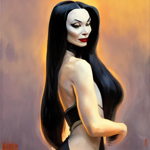 Image similar to greg manchess portrait painting of morticia from addams family as overwatch character, medium shot, asymmetrical, profile picture, organic painting, sunny day, matte painting, bold shapes, hard edges, street art, trending on artstation, by huang guangjian and gil elvgren and greg rutkowski