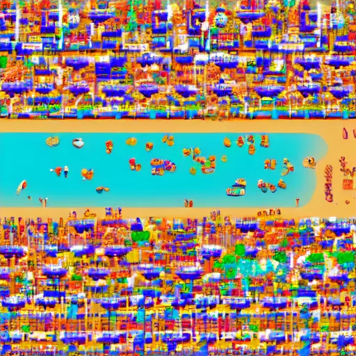 Image similar to aerial view of a busy beach on a sunny day, pixel art
