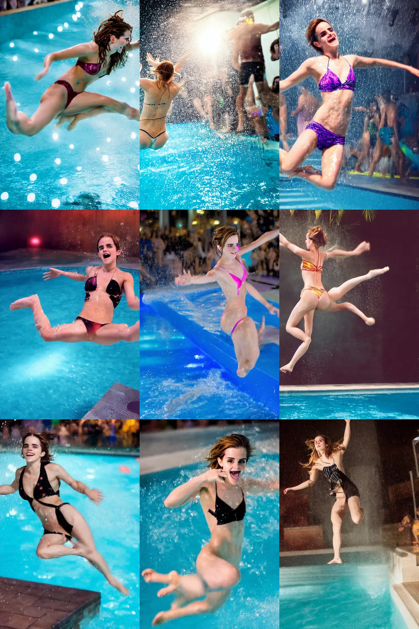 Prompt: A 4k HD photo of a drunk Emma Watson jumping in the pool and having fun in a pool party filled with people in a modern indoors pool with cyberpunk illumination at night . 4k photo. Hyper realistic. Trending.