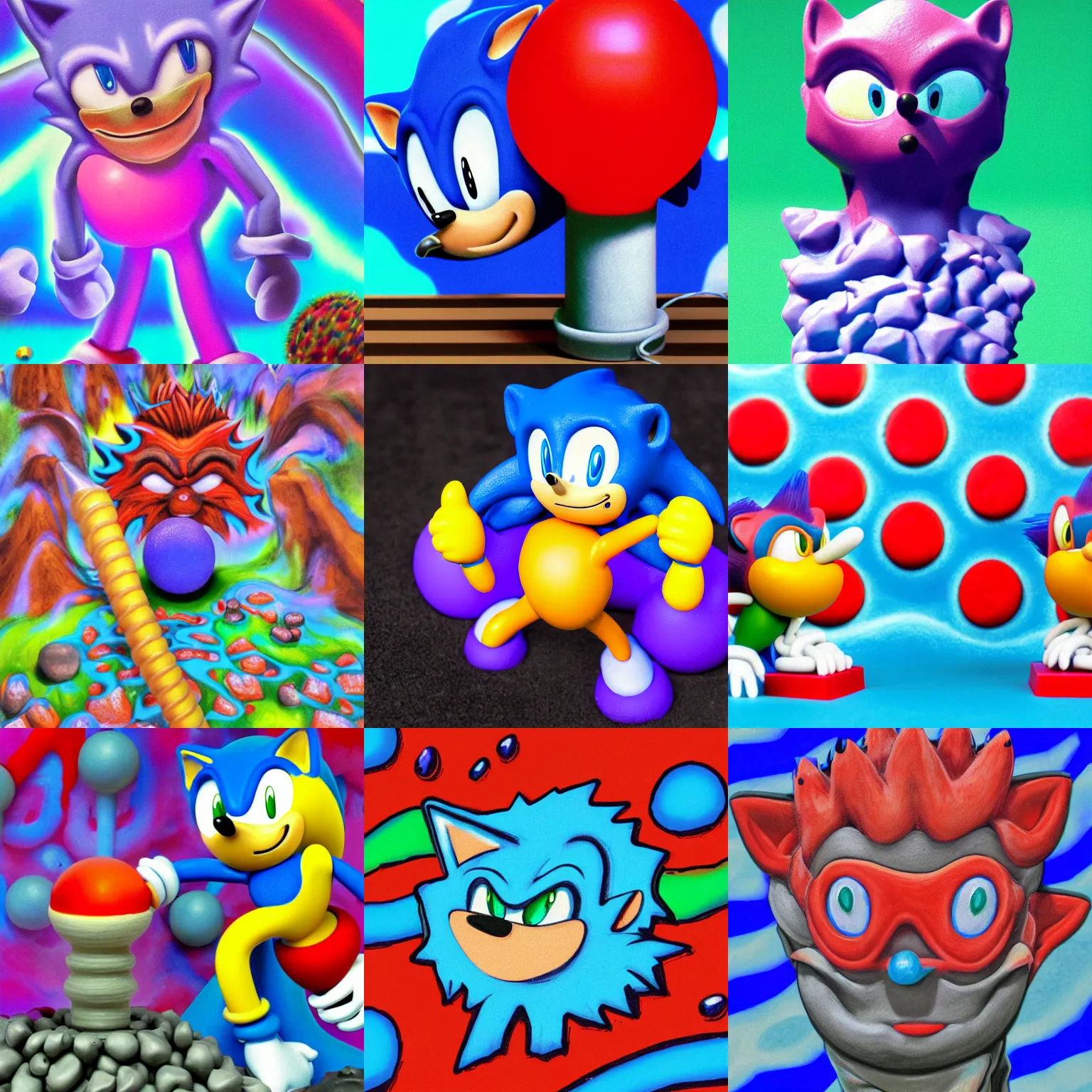 Prompt: clay stop motion claymation portrait of sonic hedgehog and surreal sharp, detailed professional soft pastels high quality airbrush art lava lamp album cover liquid dissolving airbrush art lsd dmt sonic the hedgehog swimming through cyberspace lava lamp checkerboard background 1 9 9 0 s 1 9 9 2 sega genesis rareware video game album cover