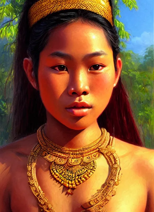 Image similar to portrait of a beautiful teen khmer ethnic cambodia, closeup portrait, historical, ethnic group, traditional costume, elegant, loin cloth, highly detailed, oil painting, artstation, concept art, matte, sharp focus, illustration, hearthstone, art by earl norem