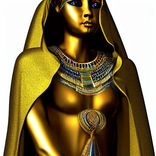 Prompt: photorealistic egyptian angel deity with mystical scepter dress in a hooded cloak + high res