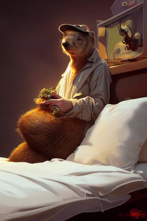 Image similar to groundhog cooking meth lies on the bed, realistic portrait, highly detailed, digital painting, artstation, concept art, smooth, sharp focus, illustration, cinematic lighting, art by artgerm and greg rutkowski and alphonse mucha