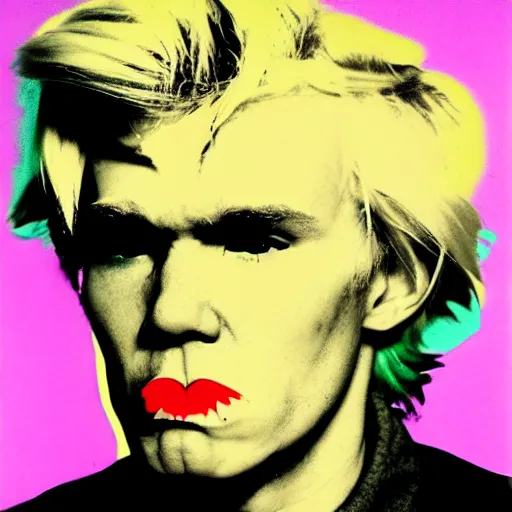 Image similar to colour portrait of angry andy warhol, 20 years old, who looks straight into the camera, with shoulders visible in the frame. in the style of andy warhol