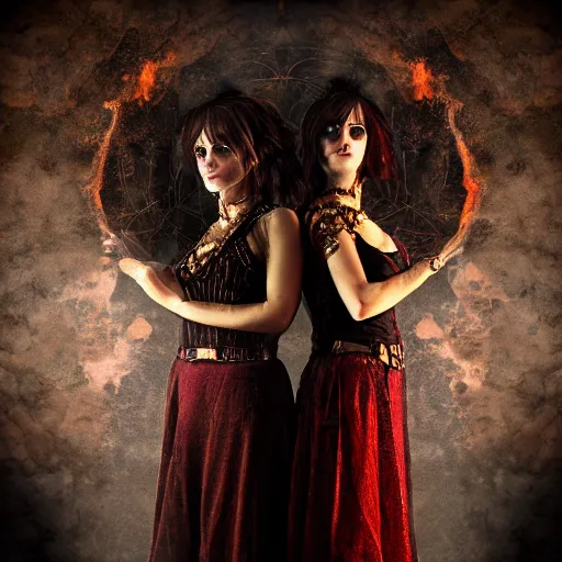 Image similar to A portrait of two Gothic goddesses of fire jewels in an empty land, dark and mysterious, volumetric lighting, lively atmospheric, cinematic, 8k, 4k, ultra detail, ultra-realistic, rendered by DeviantArt