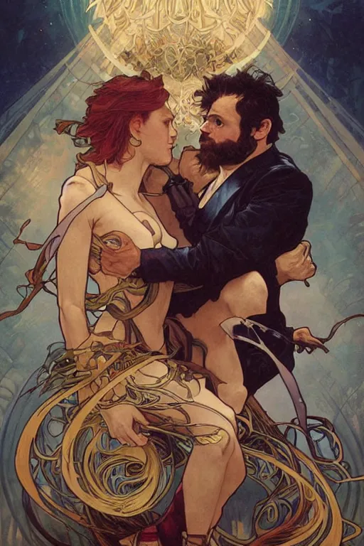 Image similar to the dayman fighting the nightman. art by artgerm and greg rutkowski and alphonse mucha and tomacz alen kopera.